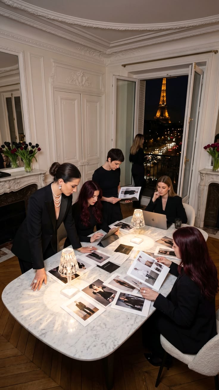 The team reviewing a launch together in a Paris apartment